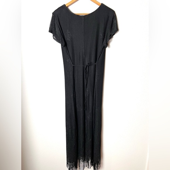 Vintage Y2K Black Net Fringe Long Dress with Tie Back Whimsigoth Hippie Size L - Picture 6 of 8